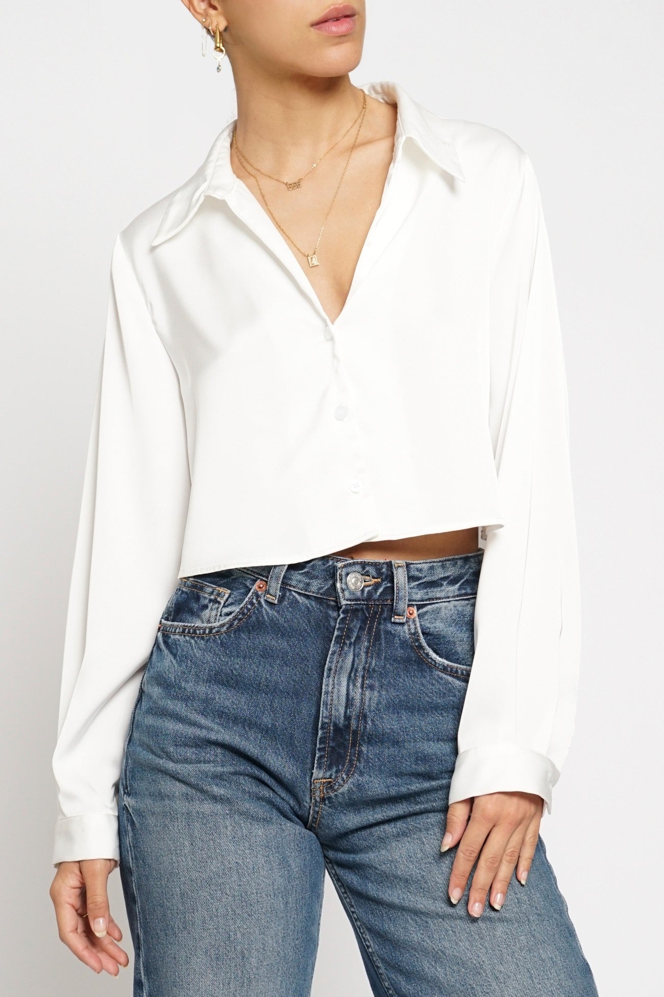 White Cropped Satin Blouse