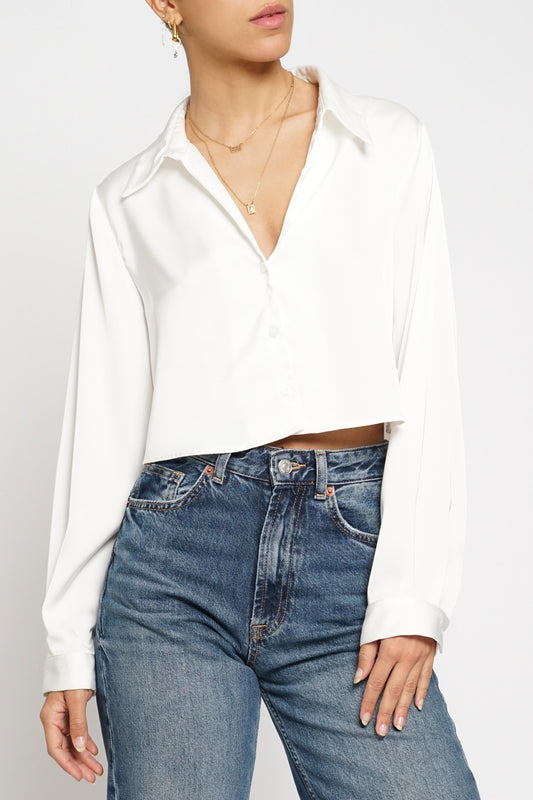 White Cropped Satin Blouse