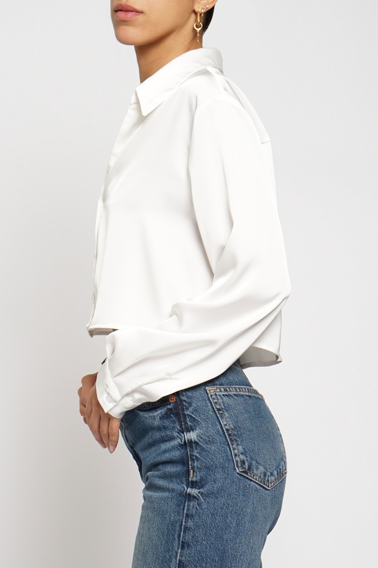 White Cropped Satin Blouse