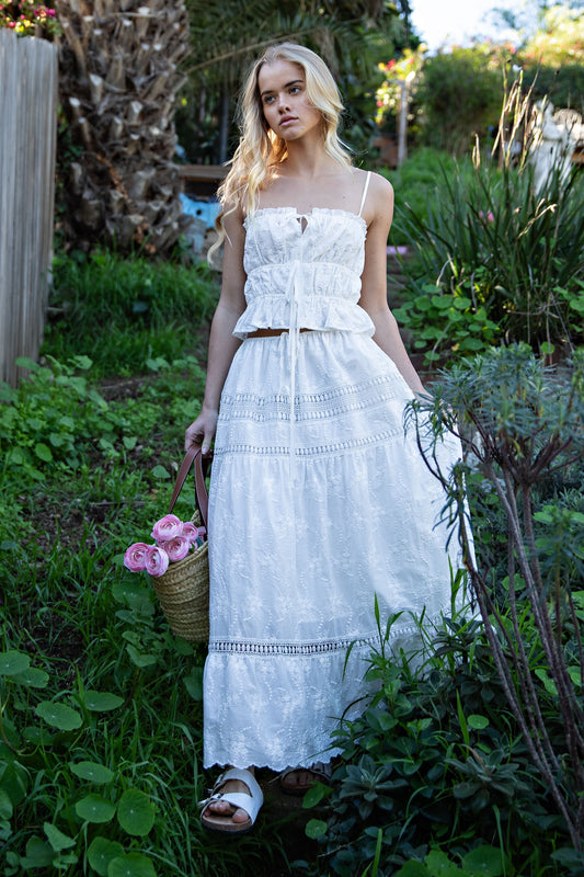 White Embroidered Tie Top
