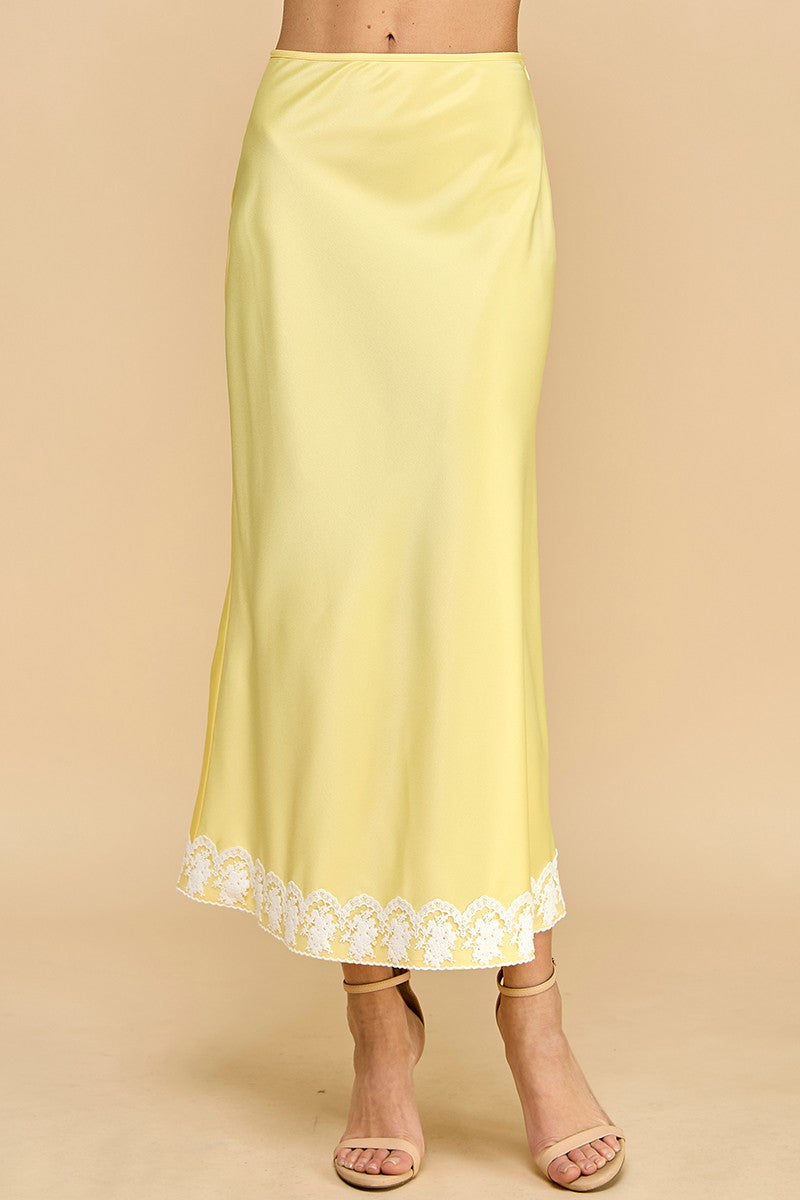 Yellow Satin Lace Midi Skirt