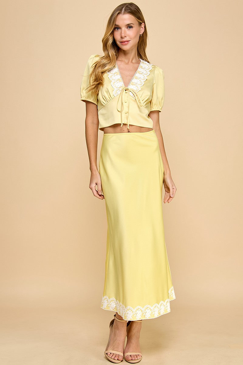 Yellow Satin Lace Midi Skirt